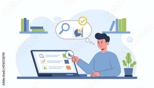 Online exam concept, a young man is taking an online test on his laptop, with a magnifying glass and a chart symbolizing research and analysis, representing online education and assessment, digital