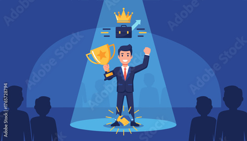 A triumphant businessman stands in a spotlight, holding a golden trophy and raising his fist in victory, symbolizing outstanding employee achievement, career success, and winning a competition, with