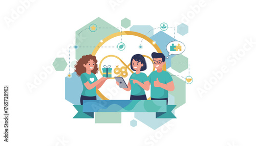 Vibrant illustration of a referral marketing concept, showcasing friends engaged in a loyalty program, with a gift box, coins, and puzzle pieces symbolizing collaboration and rewards, set against a