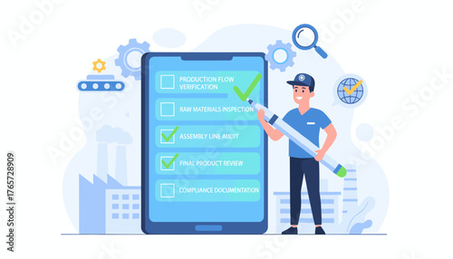 Modern flat design concept of quality control checklist on a smartphone screen, with a smiling inspector checking tasks like production flow verification, raw materials inspection, assembly line