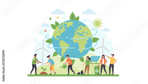 Diverse group of people actively participating in environmental conservation efforts, planting trees, watering plants, recycling waste, and utilizing renewable energy sources like solar panels and