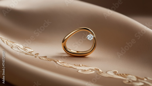 Modern gold ring with a single diamond placed on soft beige silk with embroidery, elegant minimal jewelry concept with copy space