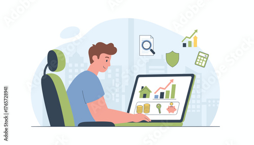Concept of real estate investment and financial growth illustrated by a person using a laptop, displaying charts, coins, a house, a key, a piggy bank, a shield, and a calculator, symbolizing wealth