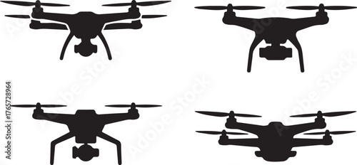 Set of Camera Drone Silhouettes - Modern Quadcopter for Photography Vector