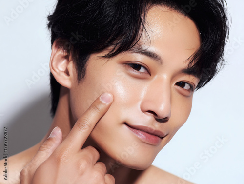 Plakat 肌を指差して微笑む清潔感のある若い日本人男性のスキンケアイメージのクローズアップ写真