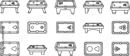 Pool table illustration set, black and white line drawings, top and side view designs, billiards furniture symbols, cue sport reference, vector layout icons