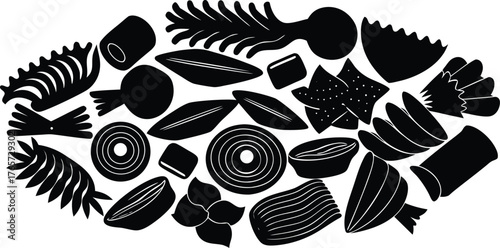 Abstract arrangement of various organic shapes and botanical elements in a black silhouette against a white background
