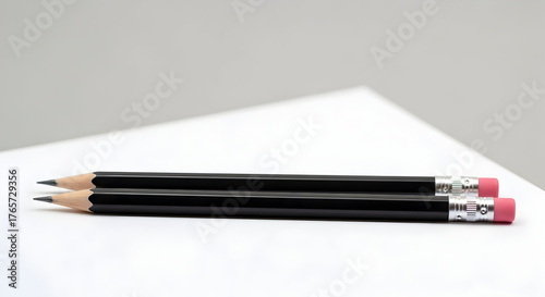 Pencils and eraser on white paper with minimalistic background for stationery or writing tools photography