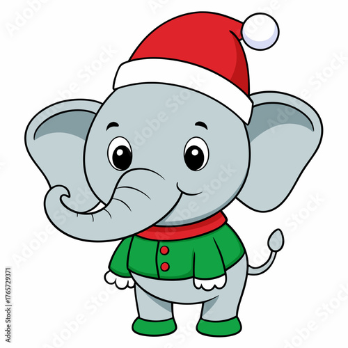 Cute cartoon elephant wearing a santa hat and green christmas sweater