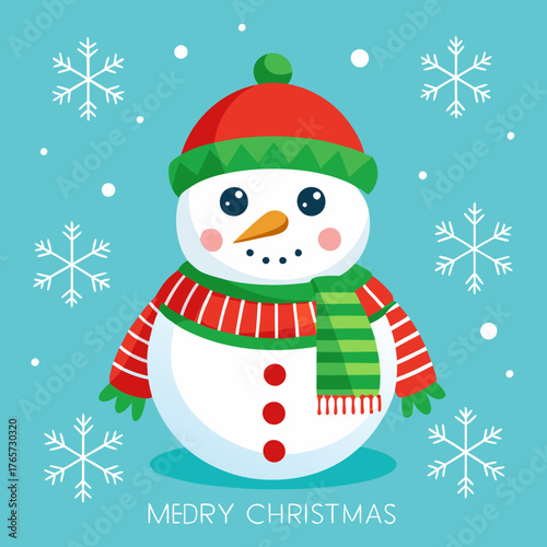 Cute snowman wearing a red hat and green scarf surrounded by snowflakes