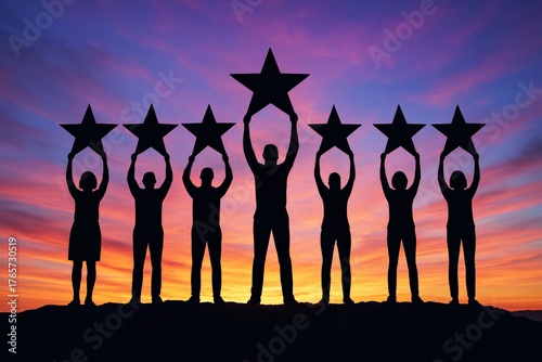Star gazers silhouetted against a breathtaking sunset proudly raise stars, symbolizing collective achievement, quality, and inspiring excellence