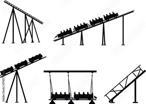 Roller coaster silhouette, swing ride vector, amusement park structure icon, engineering design illustration, black graphic of thrill ride, fairground entertainment element