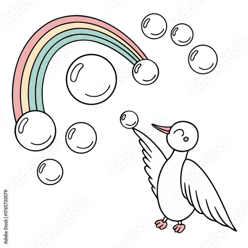 Whimsical Rainbow Scene: A cheerful bird delights in a vibrant rainbow and playful bubbles, a scene of innocent joy and fantasy.