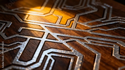 Close-up of intricate metallic circuit-like patterns engraved on a wooden surface with warm lighting