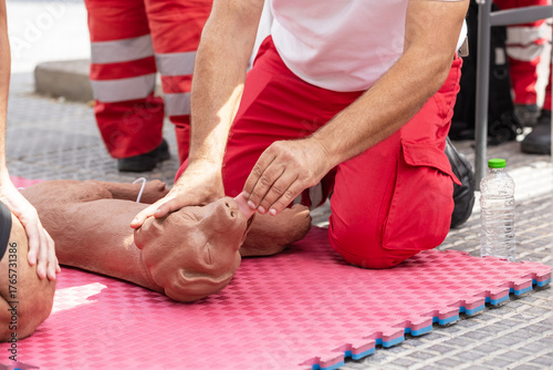 Professional first aid training demonstration showing CPR techniques on a dog mannequin, veterinarian emergency response practice for animal rescue, veterinary first aid and pet healthcare education