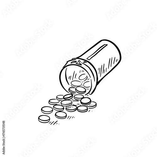 Pot of pills spilt. Hand drawn in black line.