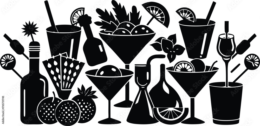 Φωτογραφία Collection of various cocktail drinks and alcoholic beverages in silhouette styl