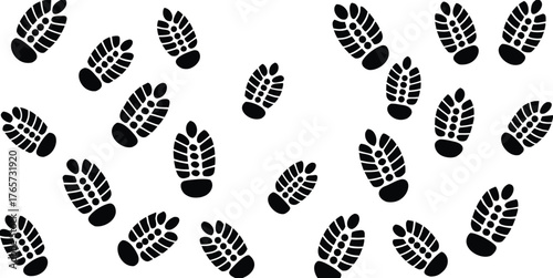 A scattered pattern of black shoe print silhouettes on a white background representing movement and direction silhouette