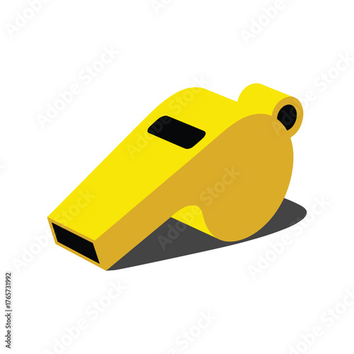 Yellow plastic whistle with black accents and shadow on white background object.
