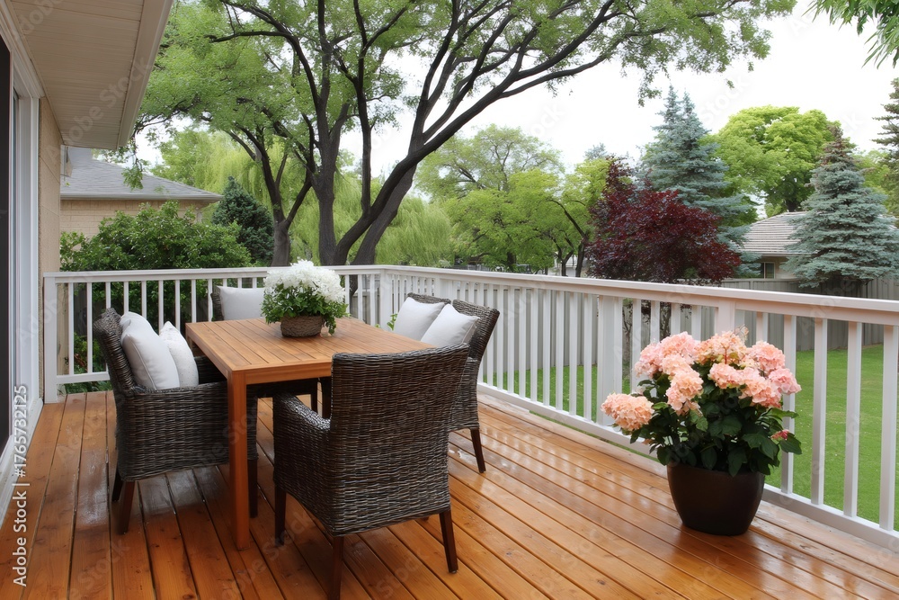 Fototapeta premium Outdoor deck with dining table and chairs, relaxing backyard space