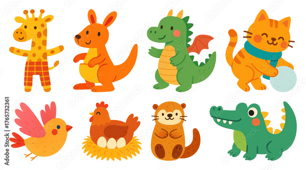 Fototapeta premium PNG Colorful cartoon animal illustrations, element set on transparent background