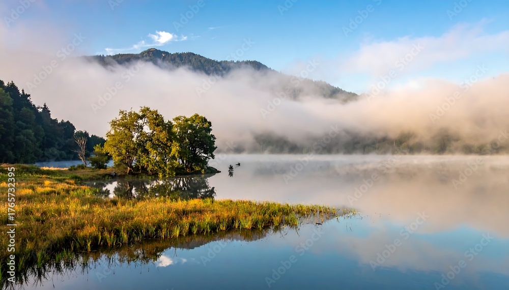 Fototapeta premium Scenic landscape featuring a calm lake reflecting clouds and trees, framed by mountains veiled in mist