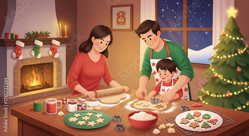 Family Baking Christmas Cookies Together Festive Holiday Scene