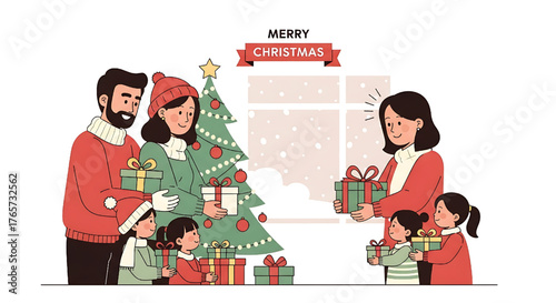 Happy family celebrating Christmas at home exchanging gifts together