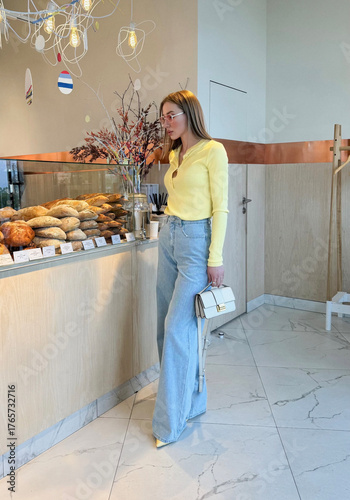 a beautiful young woman is standing in a store, choosing a cake