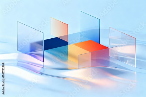 Abstract geometric shapes with transparent panels and colorful reflections on a fluid surface