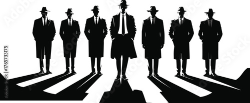 Gangster men in vintage suits, noir style, dramatic shadows, leadership, mystery, unity, retro fashion, cinematic scene, black and white photo