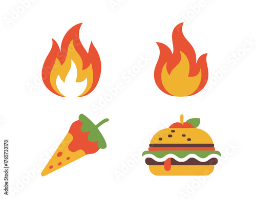 Cartoonish arrangement of flame icons a chili pepper and a burger all brightly colored and simply designed