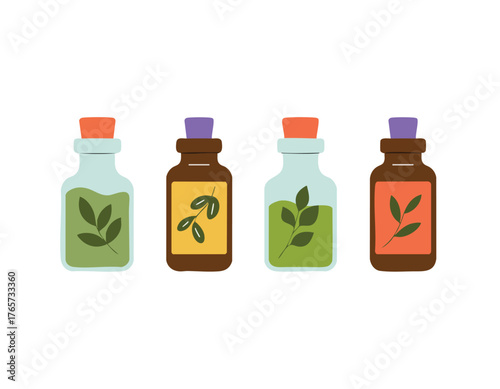 Four bottles with different liquid colors  leaf icons sitting sidebyside with light background