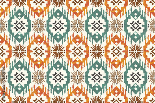 Tribal Geometric Ikat Seamless Pattern in Teal and Orange. Hand-drawn texture and woven effect make it ideal for fabric prints, fashion textiles. Perfect for modern tribal and ethnic design projects.