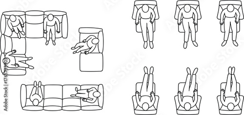 Seating posture, sofa arrangement, armchair sitting, top view, people interaction, furniture layout, ergonomic design, interior planning, lounge setup, 