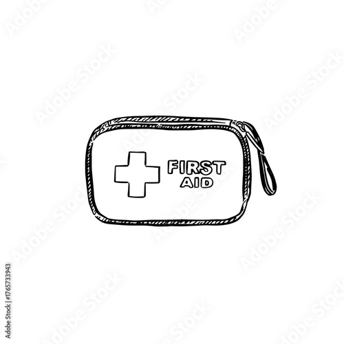 First aid kit bag hand drawn in black line.