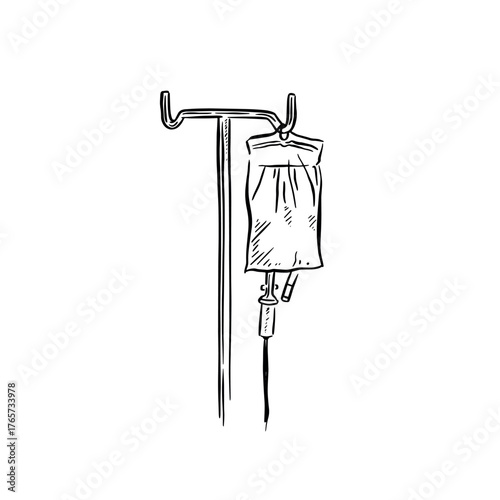 Saline drip illustration hand drawn in black.