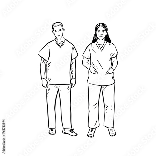 Male and female nurse in scrubs. Black and white hand drawn illustration.