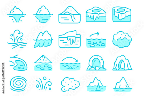 Icebergs, Glaciers & Ocean Landforms Icons – Neon Blue Line Vector Collection