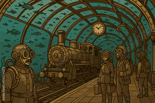 Steampunk divers waiting at underwater train station