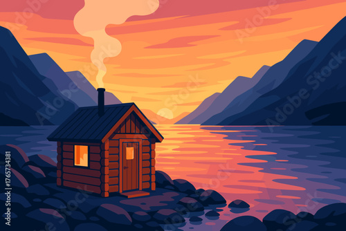 Cozy cabin by a lake at sunset in mountain landscape