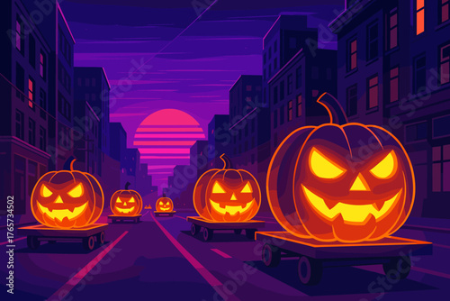 Glowing jack-o'-lantern parade on city street at sunset