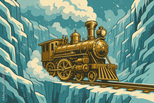 Vintage steam train crossing icy mountain pass