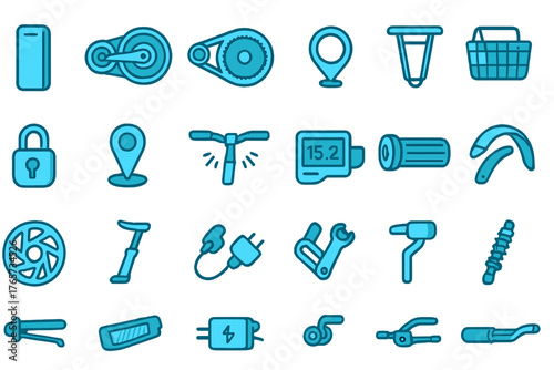 Electric bicycle and e-scooter parts icon set in blue tones
