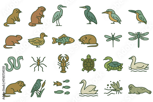 Wetland wildlife icon set featuring birds, mammals, reptiles, and aquatic life