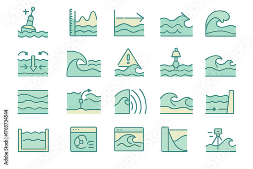 Set of ocean wave and sea level monitoring icons