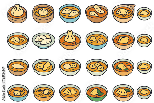 Seamless pattern of Asian dumplings and noodle soup in colorful bowls
