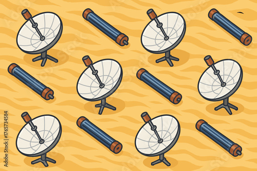 Seamless satellite dish and space antenna pattern on desert background