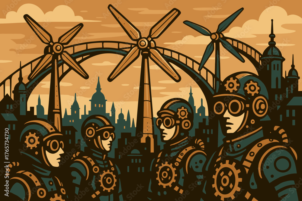 Fototapeta premium Steampunk Wind City – Gear-Clad Figures in an Industrial Fantasy World