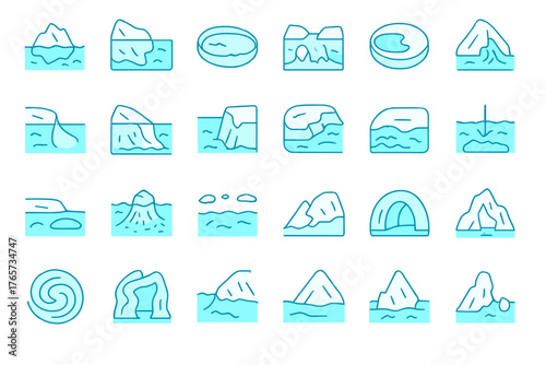 Neon icon set of glaciers, icebergs, and arctic landforms
